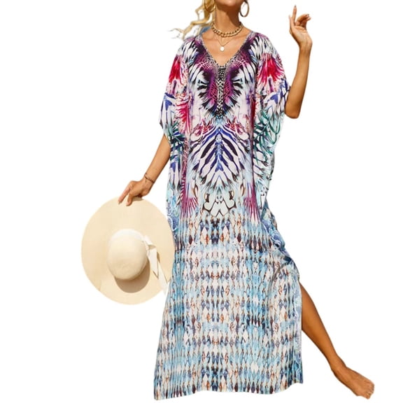 Women's Colorful Floral Print Vacation Loose Sun-Protective Smock (Bikini Cover-Up) - Sky Blue One Size