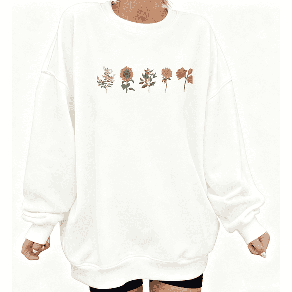 Women's Colorful Floral Printed Cotton Sweatshirt Round-neck Long-sleeved White S-3XL