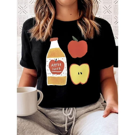 Women's Colorful Fruit Graphic Tees,Summer Printed T-Shirt, Casual Soft Breathable Crew Neck Short Sleeve Tops, Fantasy Pattern，Funny，cotton，black，S-5XL