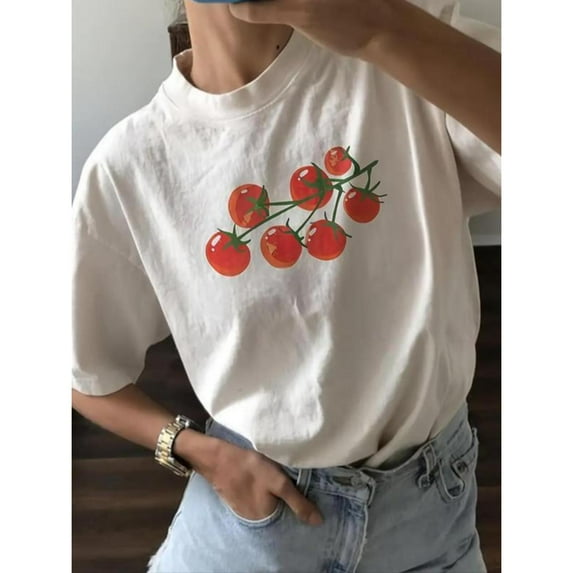 Women's Colorful Fruit Print T-Shirt, Cute Graphic Tees Tops, Summer Casual Short Sleeve Tee，Fashion，cotton，white，S-5XL