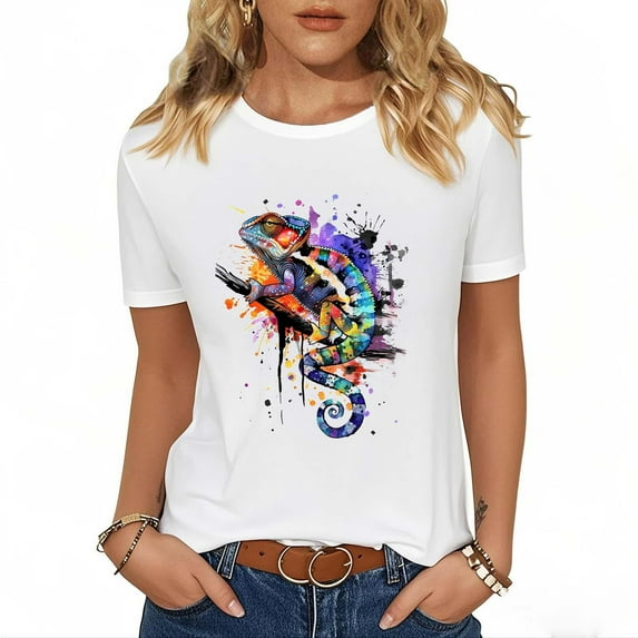 Women's Colorful Graphic Tee – Vibrant Artistic Print Crewneck, Loose Fit Graffiti T-Shirt for Casual & Streetwear 2025