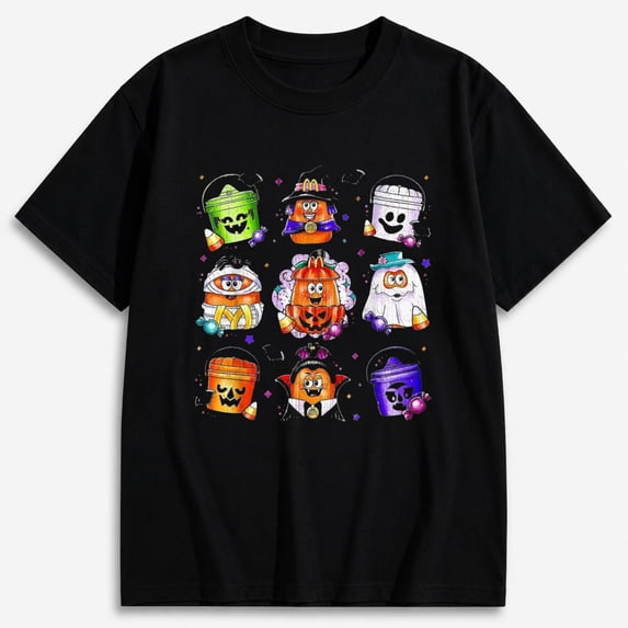 Women's Colorful Halloween Character Grid Halloween Shirt, Cute Spooky Graphic Short Sleeve T-Shirt