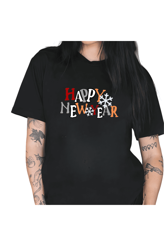 Women's Colorful Happy New Year Comfortable T-Shirt Casual Top Winter Themed Graphic Short Sleeve Round Neck Black S-5XL