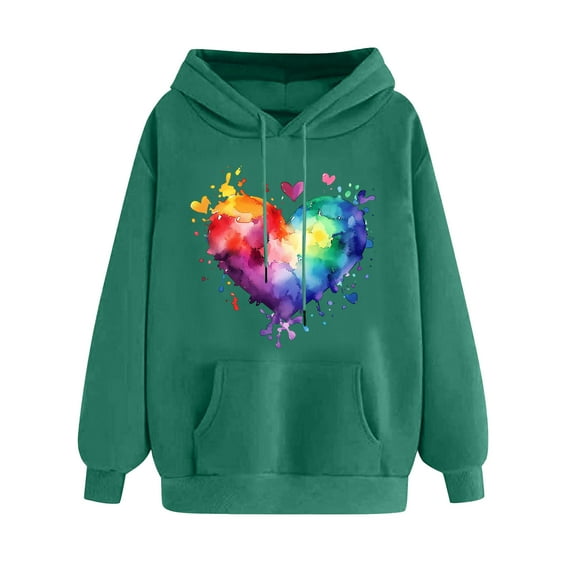 Women's Colorful Heart Printed Hoodies Sweatshirts for Valentines Cute Long Sleeve Pullover Hooded