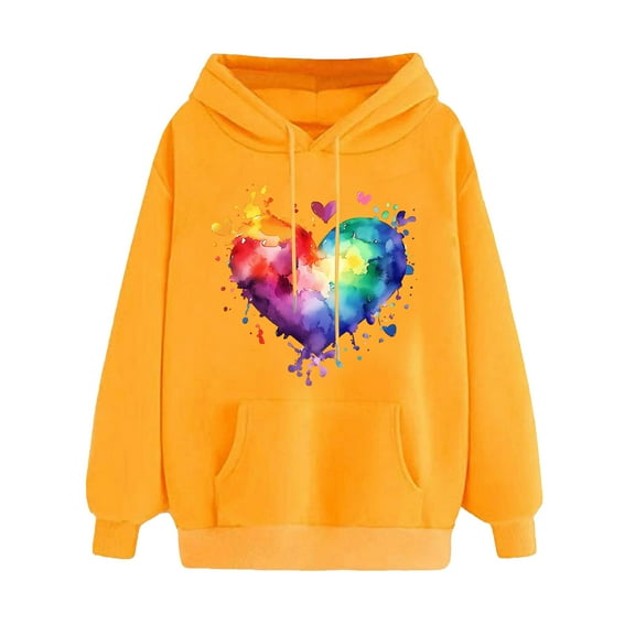 Women's Colorful Heart Printed Hoodies Sweatshirts for Valentines Cute Long Sleeve Pullover Hooded