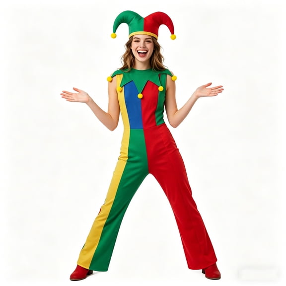 Women's Colorful Jester Cosplay Costume Set, Adult Circus Harlequin Jumpsuit with Matching Hat for Halloween & Carnival Dress Up