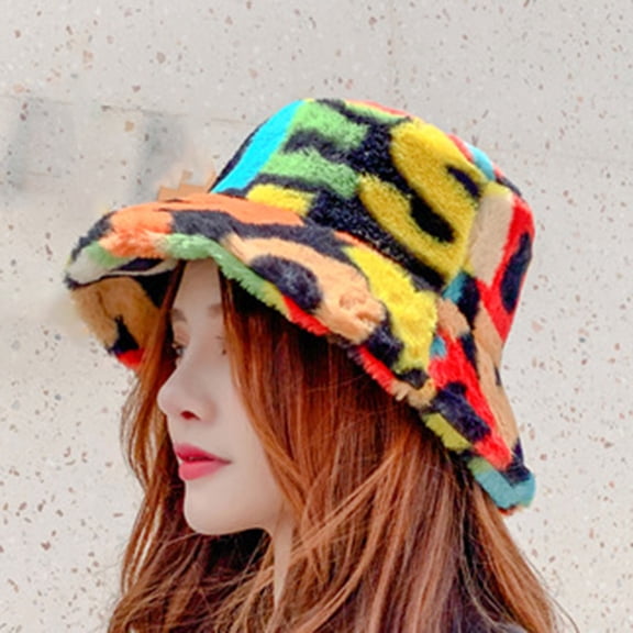 Women's Colorful Letter Print Faux Fur Bucket Hat Warm Fuzzy Fluffy Winter Warmer Fisherman Cap