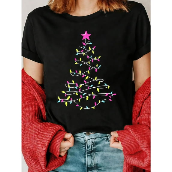 Women's "Colorful Lights Christmas Tree" Graphic Comfortable T Shirt Casual Short Sleeve Round Neck Top Black S-5XL