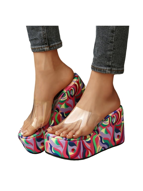 Women's Colorful Platform Sandals Transparent Strappy Slip On Wedge Sandal Clear Open Toe Slide Summer Beach Mules Pink Size 7.5