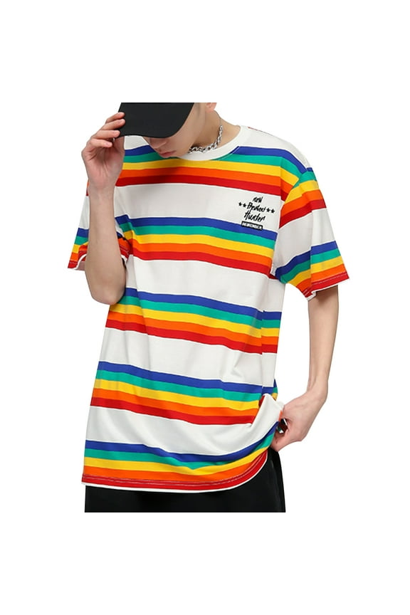Women's Colorful Rainbow Stripe T-Shirt Rainbow Round Neck Short Sleeve Basic Shirt Top Blouse Rainbow Shirt for Women Men