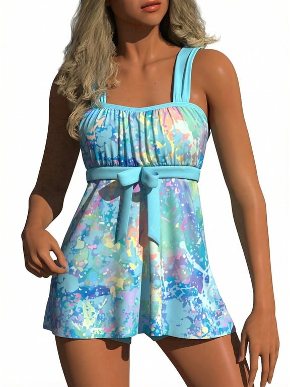 Women's Colorful Splatter Print Swim Dress Tie-Waist Cover Up for Beach