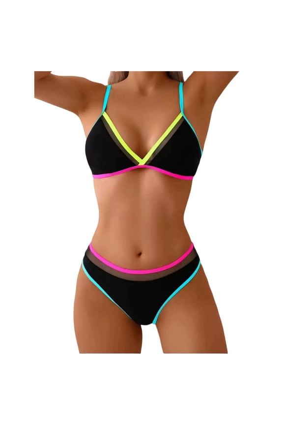 Women's Colorful String Bikini Set Triangle Two Piece Neon Bikini Swimsuit Color Block Halter Bathing Suit Black S