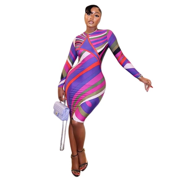 Women's Colorful Stripes Print O-Neck Long Sleeve Waistband Hips Wrapped Dress