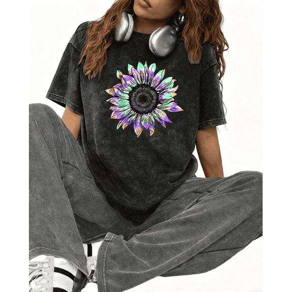 Women's Colorful Sunflower Printed Crew Neck Cotton Washed T Shirt Black S-2XL Plus Size