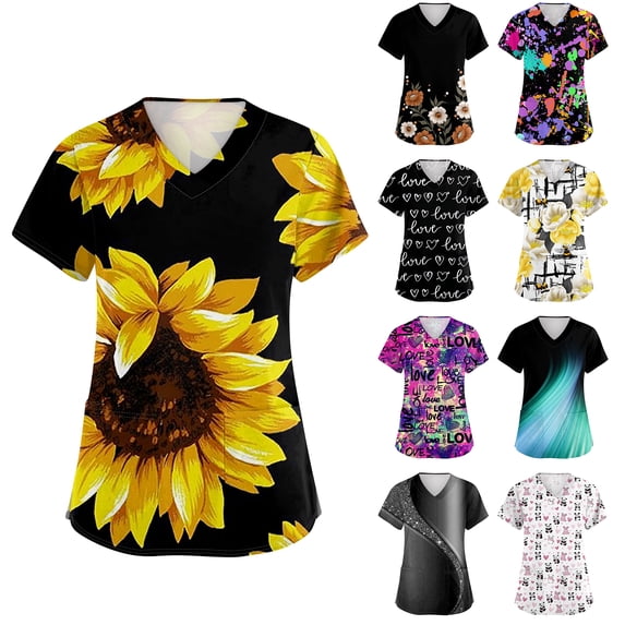 Women's Colorful Tie Dye Scrub Top V-Neck Short Sleeve Printed Work Uniform with Pockets Side Slit Stretch Nursing Scrubs Shirt for Clinic Wear M