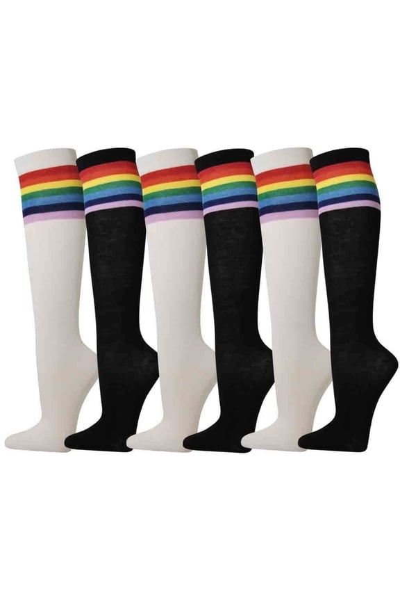 Women's Colorful Variety Design Assorted Knee High Stocking Socks, 7 Rainbow Stripes (6 Pairs)