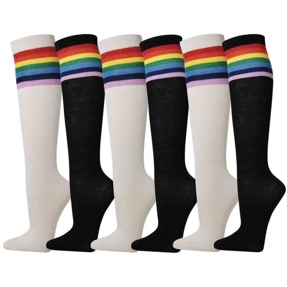 Women's Colorful Variety Design Assorted Knee High Stocking Socks, 7 Rainbow Stripes (6 Pairs)