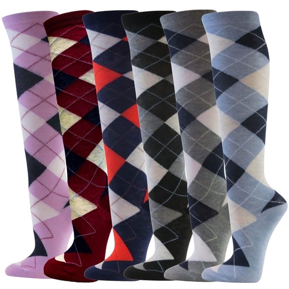 Women's Colorful Variety Design Assorted Knee High Stocking Socks, Argyle (6 Pairs)