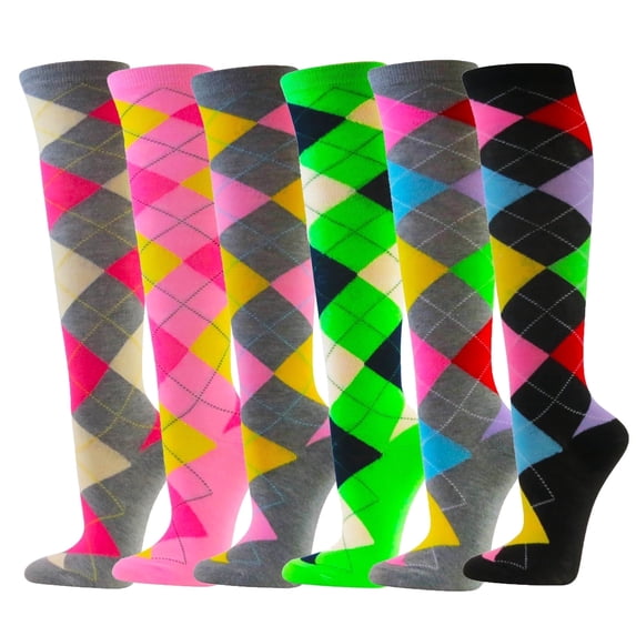 Women's Colorful Variety Design Assorted Knee High Stocking Socks, Argyle (6 Pairs)