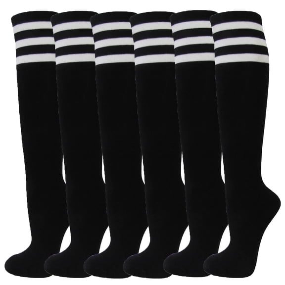 Women's Colorful Variety Design Assorted Knee High Stocking Socks, Black / White Stripes (6 Pairs)