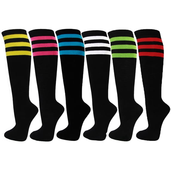 Women's Colorful Variety Design Assorted Knee High Stocking Socks, Black with 3 Stripes (6 Pairs)