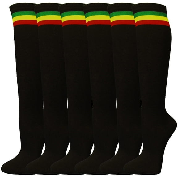 Women's Colorful Variety Design Assorted Knee High Stocking Socks, Black with Green Red Yellow Stripes (6 Pairs)