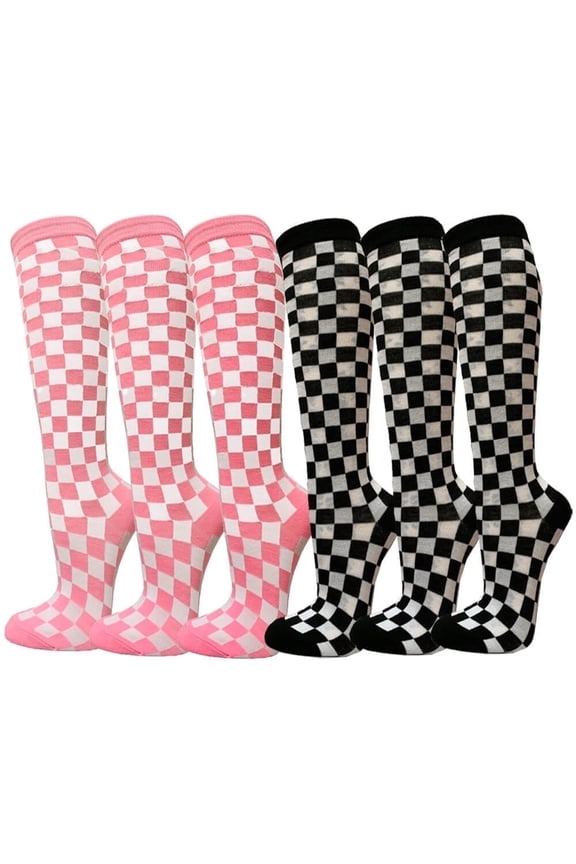 Women's Colorful Variety Design Assorted Knee High Stocking Socks, Checkered (6 Pairs)