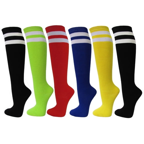 Women's Colorful Variety Design Assorted Knee High Stocking Socks, Color with 2 white Stripes (6 Pairs)