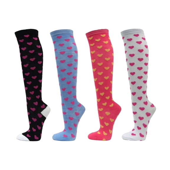 Women's Colorful Variety Design Assorted Knee High Stocking Socks, Hearts Valentine's Day (4 Pairs)