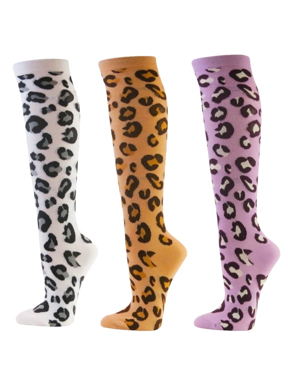 Women's Colorful Variety Design Assorted Knee High Stocking Socks, Leopard (3 Pairs)
