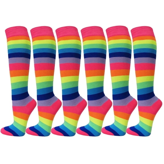 Women's Colorful Variety Design Assorted Knee High Stocking Socks, Neon Rainbow (6 Pairs)