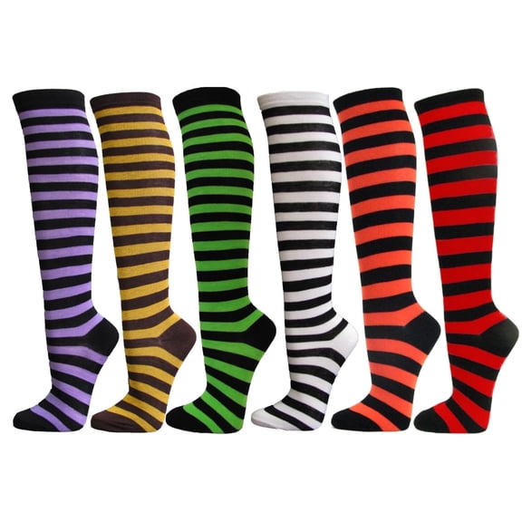 Women's Colorful Variety Design Assorted Knee High Stocking Socks, Thinner Striped (6 Pairs)