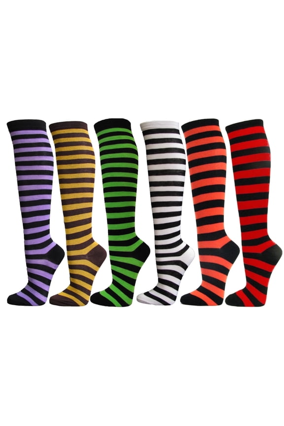 Women's Colorful Variety Design Assorted Knee High Stocking Socks, Thinner Striped (6 Pairs)