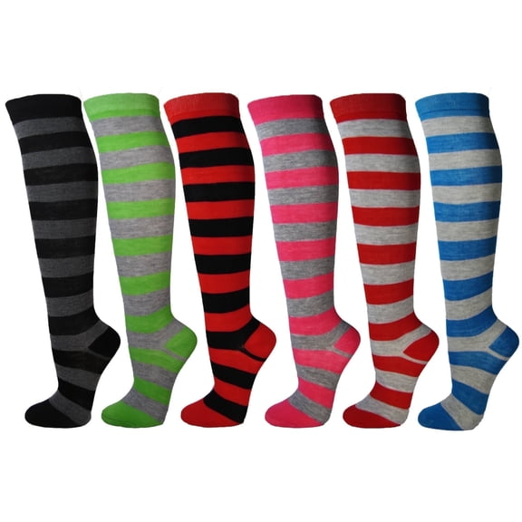Women's Colorful Variety Design Assorted Knee High Stocking Socks, Wider Striped (6 Pairs)
