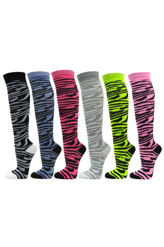 Women's Colorful Variety Design Assorted Knee High Stocking Socks, Zebra Striped (6 Pairs)