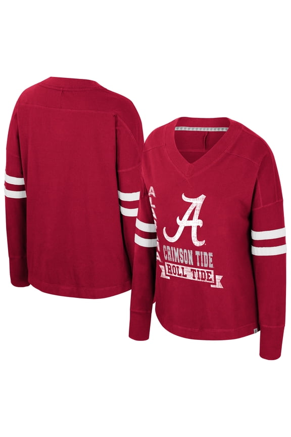 Women's Colosseum Crimson Alabama Crimson Tide Oversized Violet Distressed V-Neck Long Sleeve T-Shirt