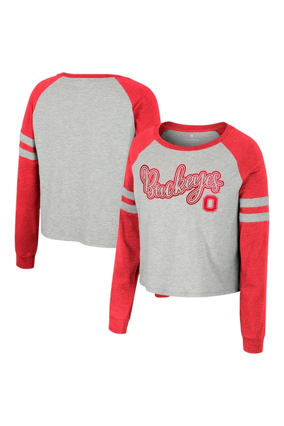 Women's Colosseum Heather Gray Ohio State Buckeyes I'm Gliding Here Raglan Long Sleeve Cropped T-Shirt