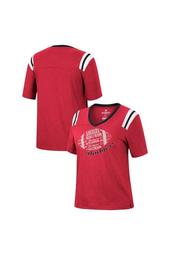 Women's Colosseum Heathered Red Wisconsin Badgers 15 Min Early Football V-Neck T-Shirt