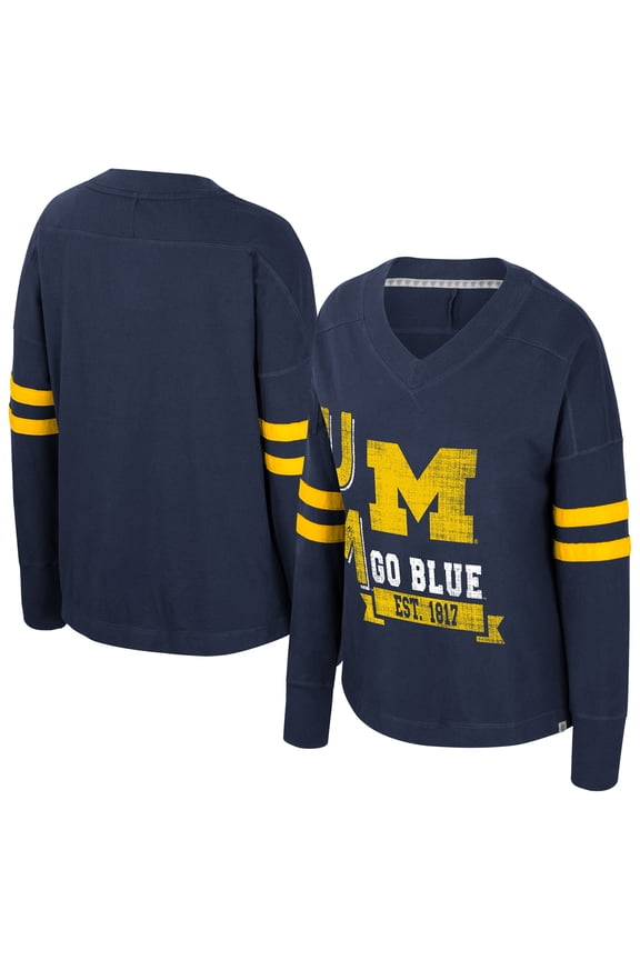 Women's Colosseum Navy Michigan Wolverines Oversized Violet Distressed V-Neck Long Sleeve T-Shirt