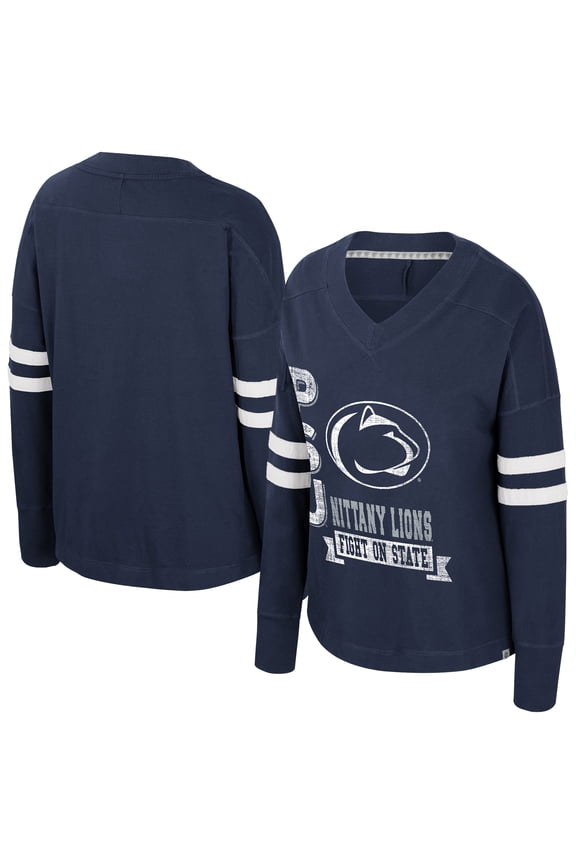 Women's Colosseum Navy Penn State Nittany Lions Oversized Violet Distressed V-Neck Long Sleeve T-Shirt