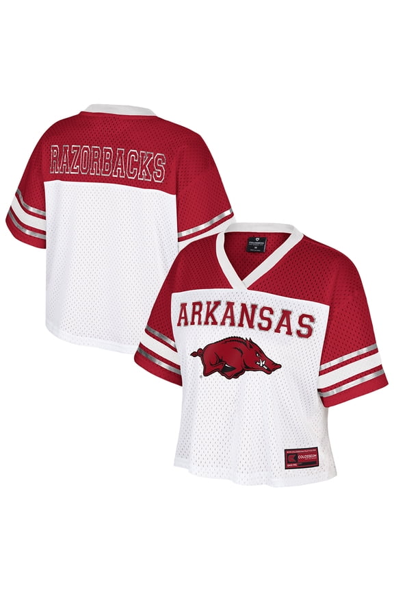 Women's Colosseum White Arkansas Razorbacks Treasure Cropped Football Jersey