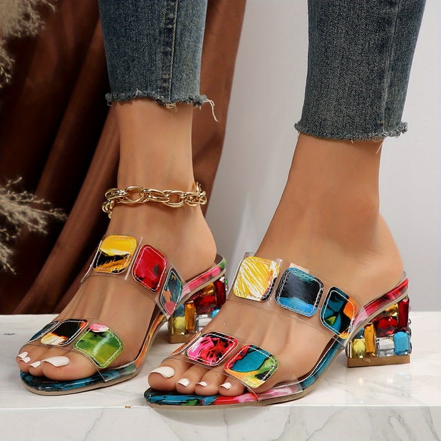 Women's Colourful Chunky Heeled Sandals, Rhinestone Decor Slip On Open Toe  Heels, Stylish Daily Wear Sandals