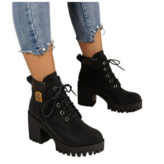 Women's Combat Ankle Boots High Chunky Heel Fashion Heeled Booties Shoes Lace up Leather Short Boots