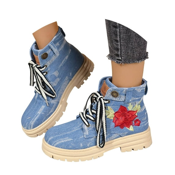 Women's Combat Ankle Boots Lace up Rhinestone Platform Short Booties Side Zipper Chunky Heel Fall Winter Dress Shoes