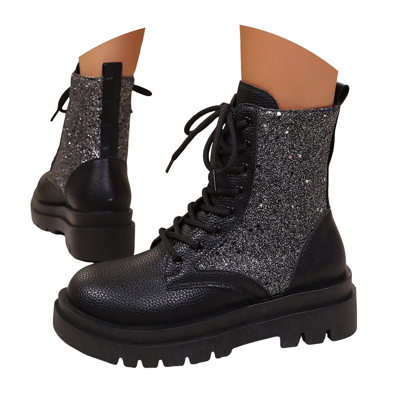 Women's Combat Ankle Boots Lace up Rhinestone Platform Short