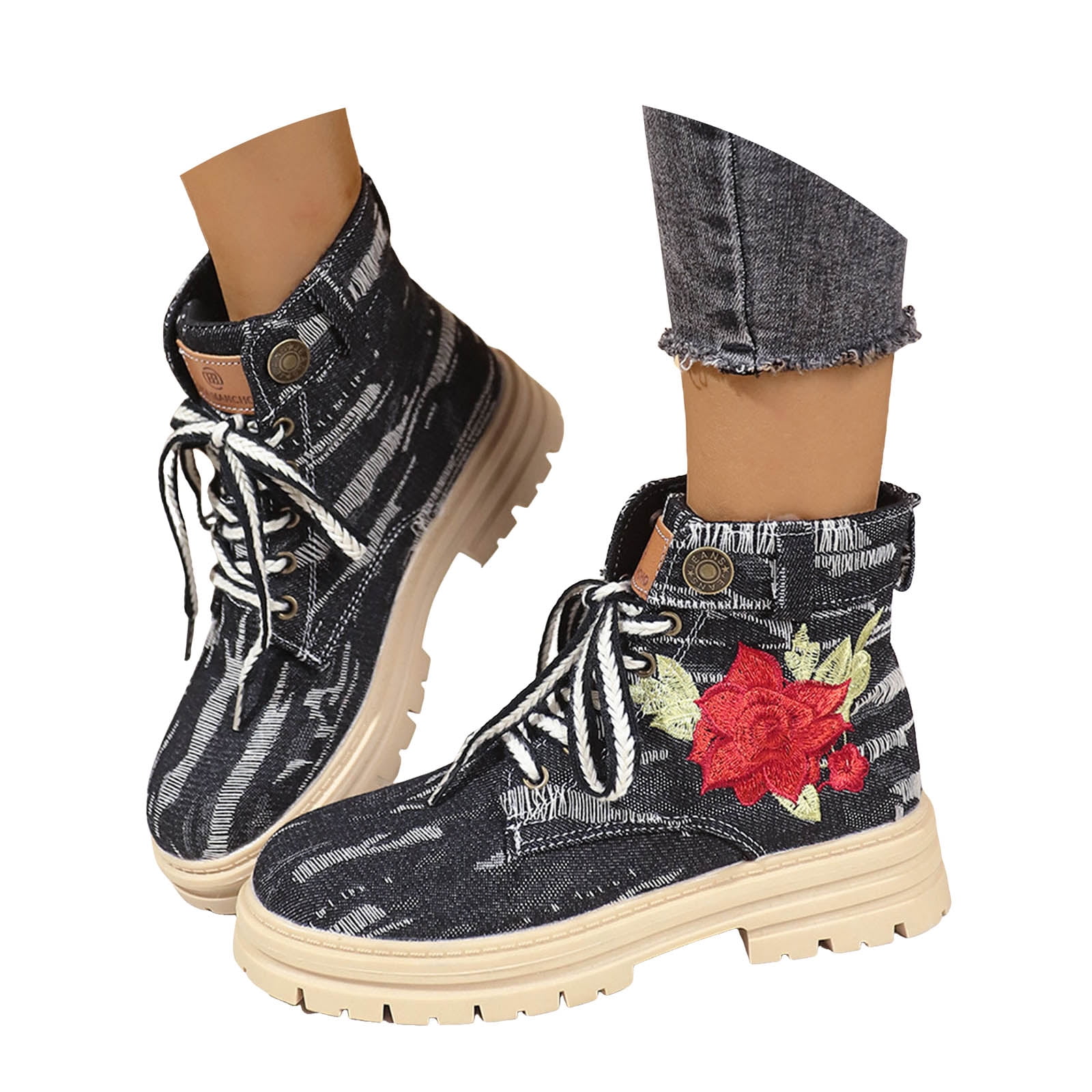 Women's Combat Ankle Boots Lace up Rhinestone Platform Short