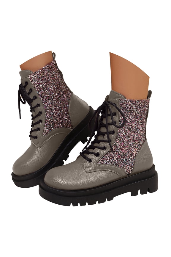 Women's Combat Ankle Boots Lace up Rhinestone Platform Short Booties Side Zipper Chunky Heel Fall Winter Dress Shoes