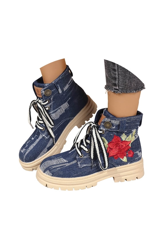 Women's Combat Ankle Boots Lace up Rhinestone Platform Short Booties Side Zipper Chunky Heel Fall Winter Dress Shoes
