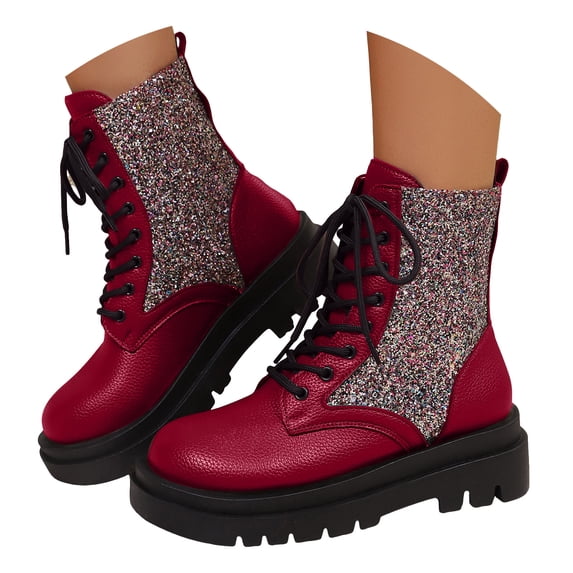 Women's Combat Ankle Boots Lace up Rhinestone Platform Short Booties Side Zipper Chunky Heel Fall Winter Dress Shoes