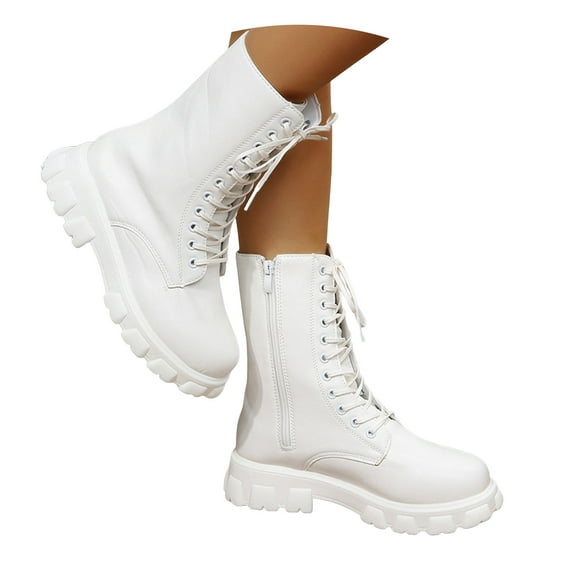 Women's Combat Boot Lace up Flat Fashion Ankle Boots Low Heel Black Booties Leather Side Zip Mid Calf Boots